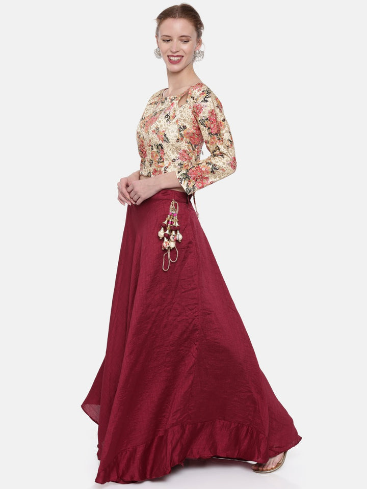 Neerus Cream & Maroon Embellished Lehenga Set