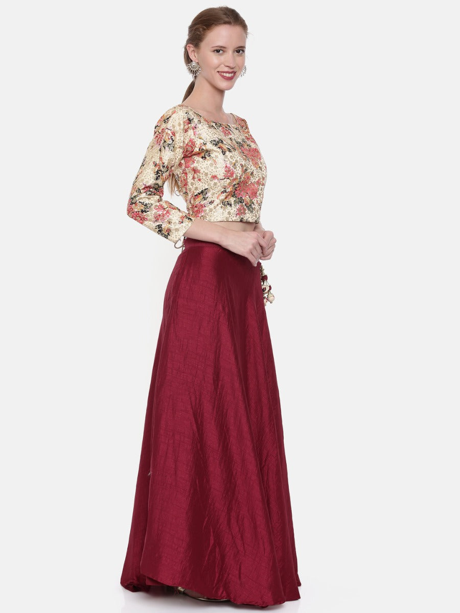 Neerus Cream & Maroon Embellished Lehenga Set
