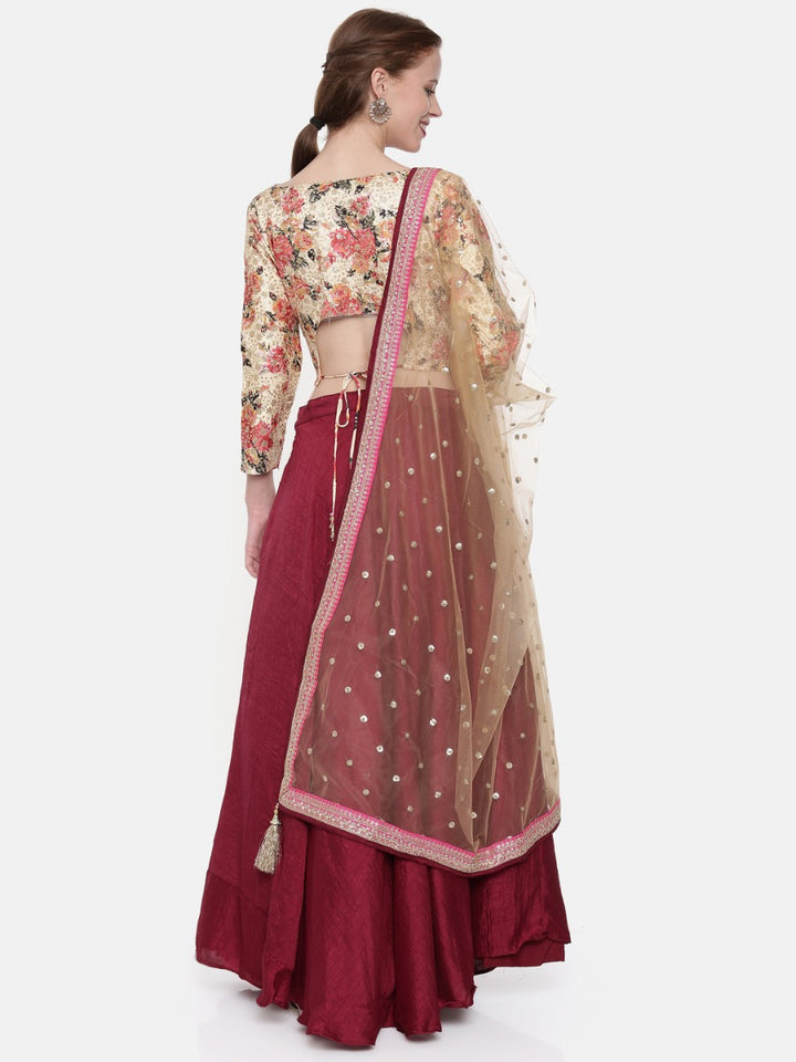 Neerus Cream & Maroon Embellished Lehenga Set