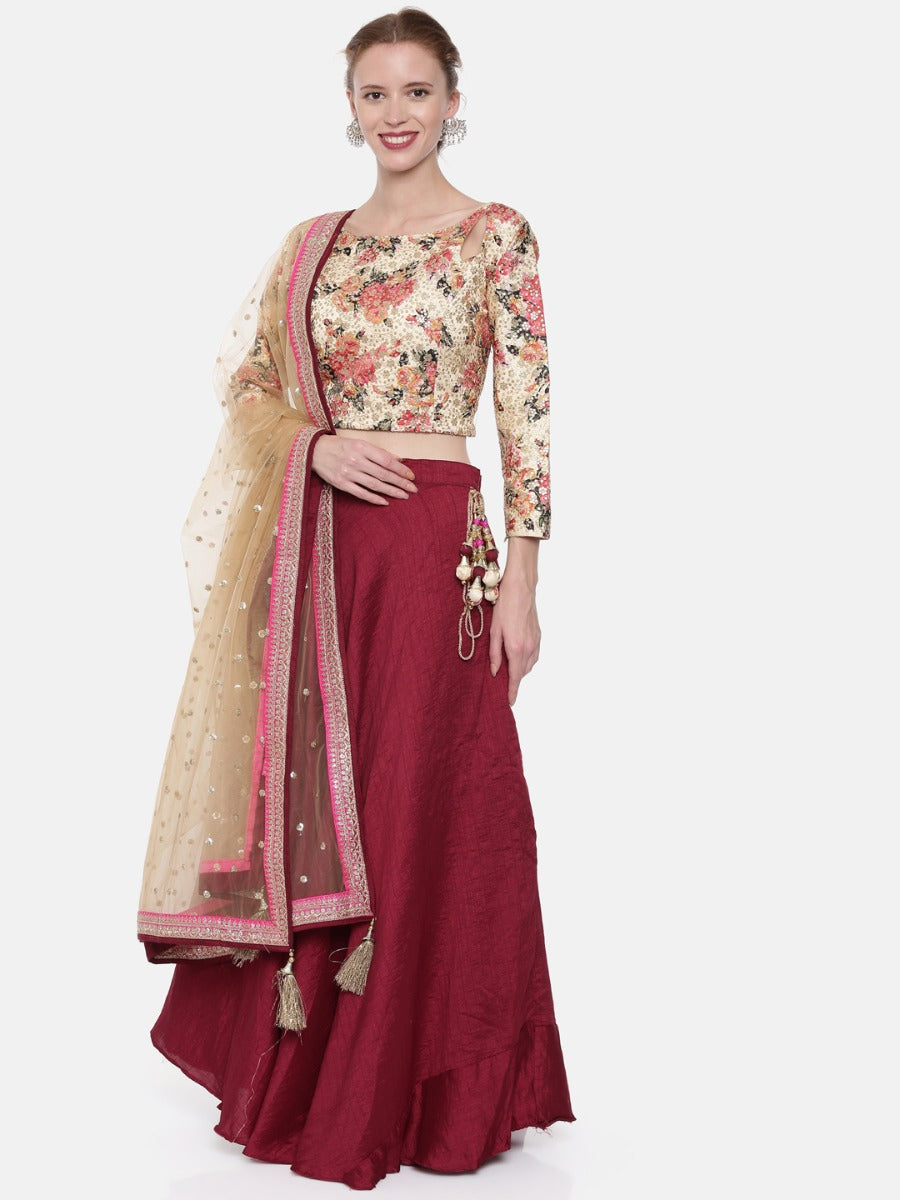 Neerus Cream & Maroon Embellished Lehenga Set