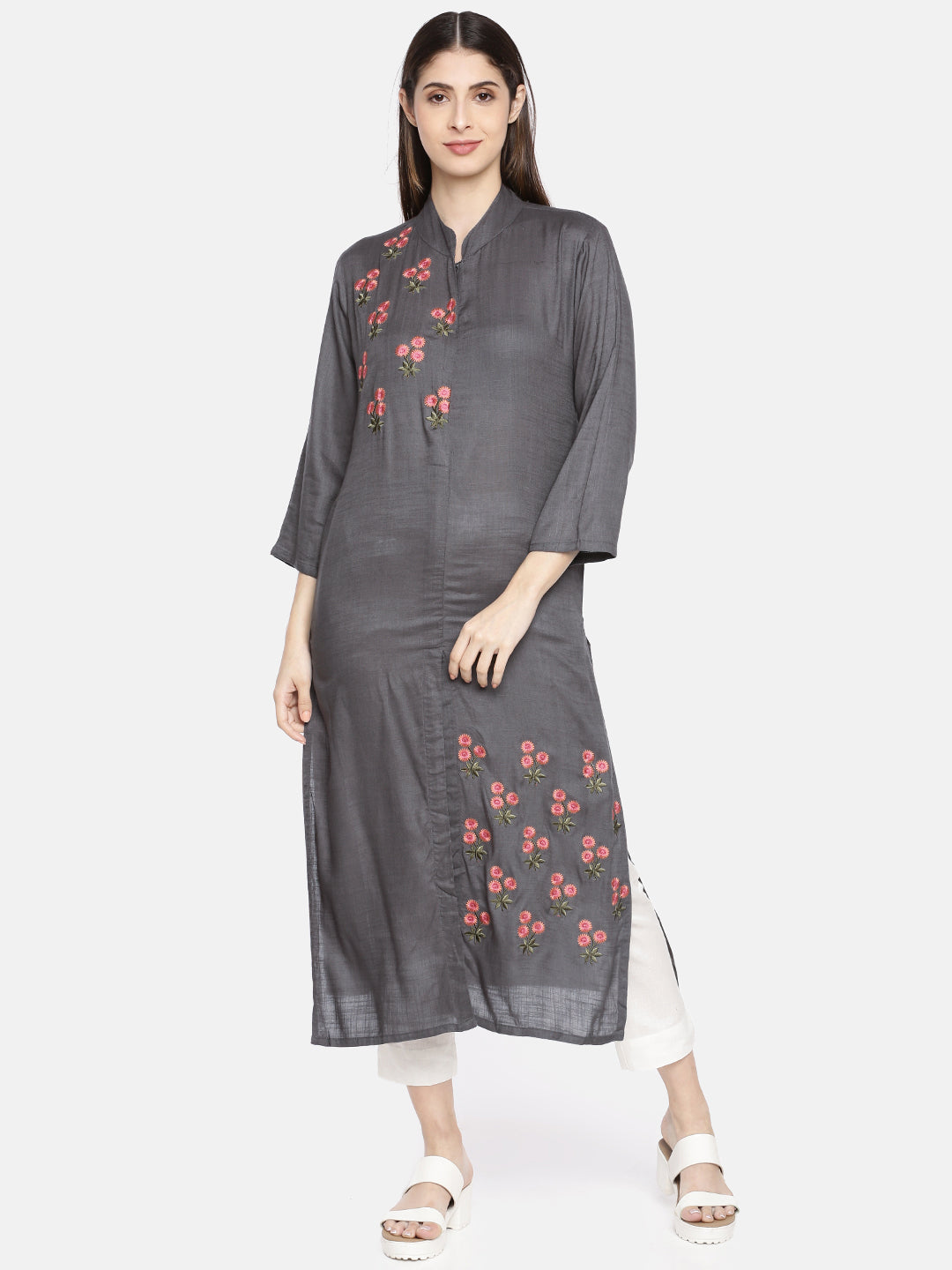 Neerus Grey rayon embroidered A-line kurta - front view