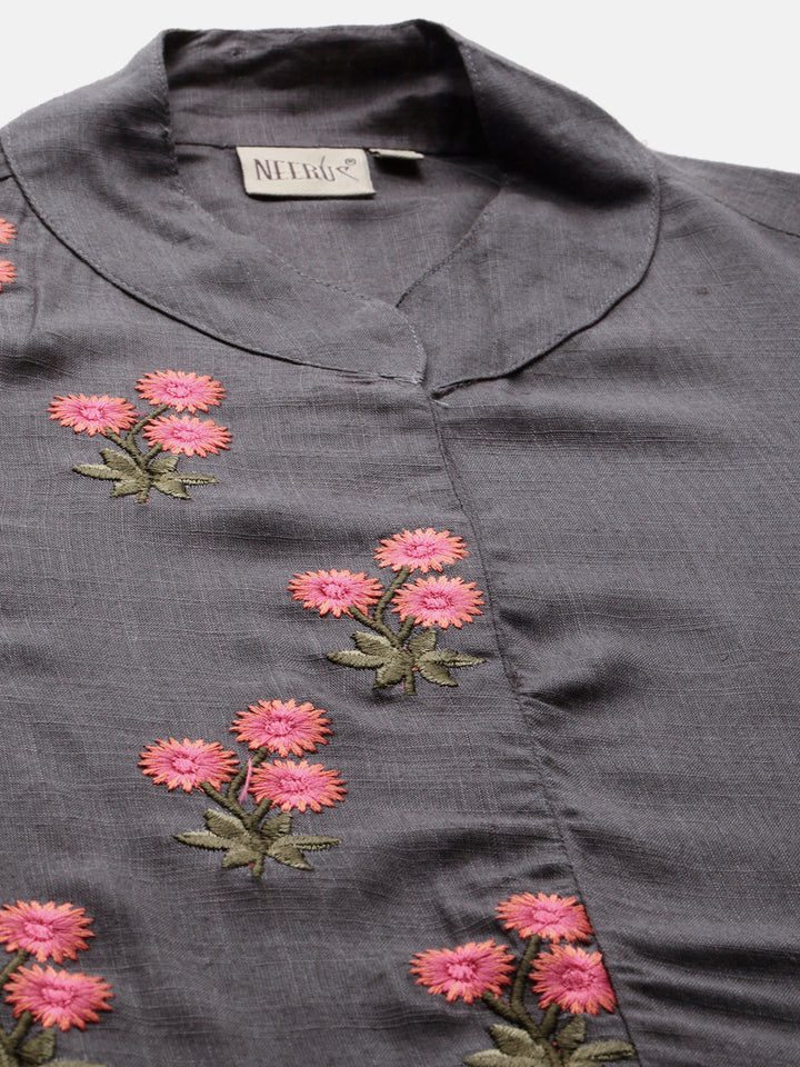 Neerus Grey rayon embroidered A-line kurta - back view