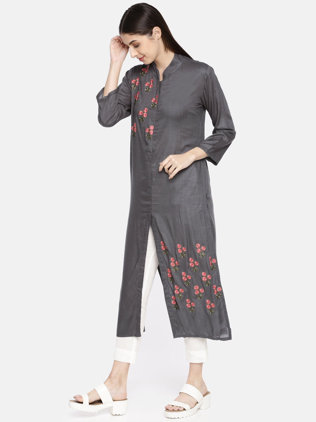 Neerus Grey rayon embroidered A-line kurta - side view