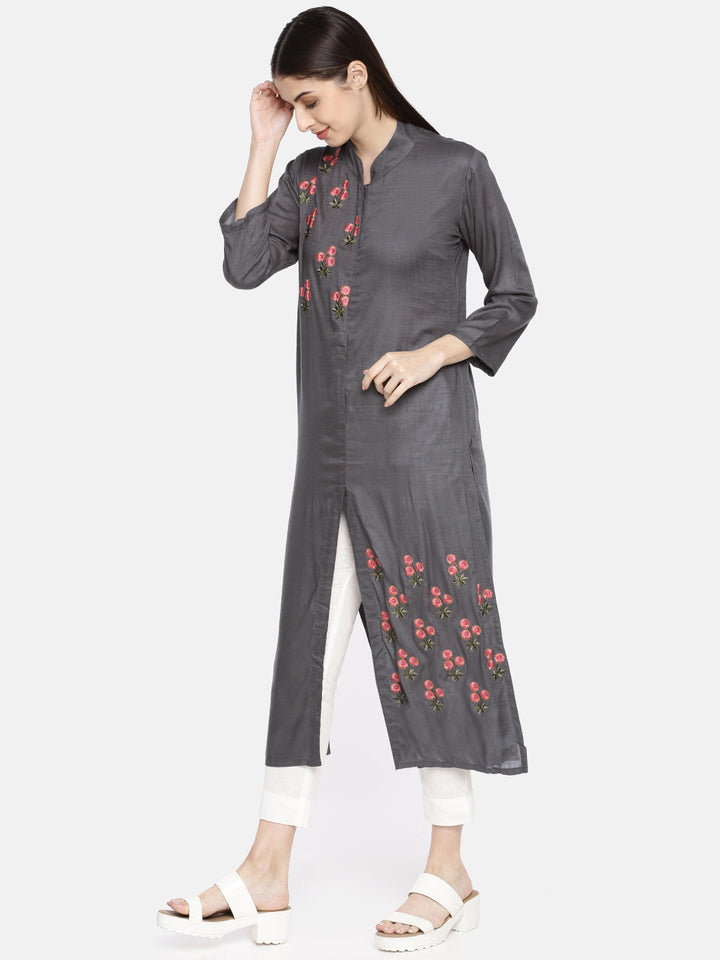 Neerus Grey rayon embroidered A-line kurta - side view