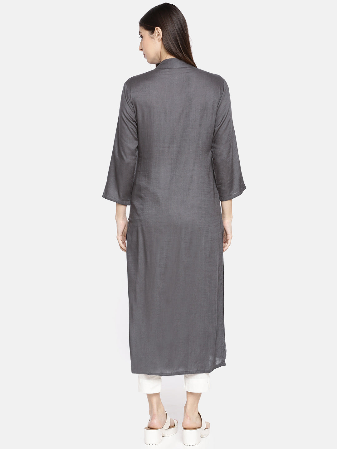 Neerus Grey rayon embroidered A-line kurta - detail view 1