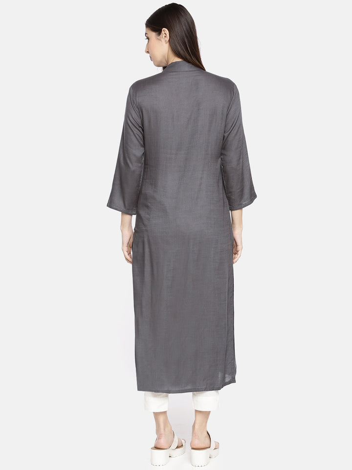 Neerus Grey rayon embroidered A-line kurta - detail view 1