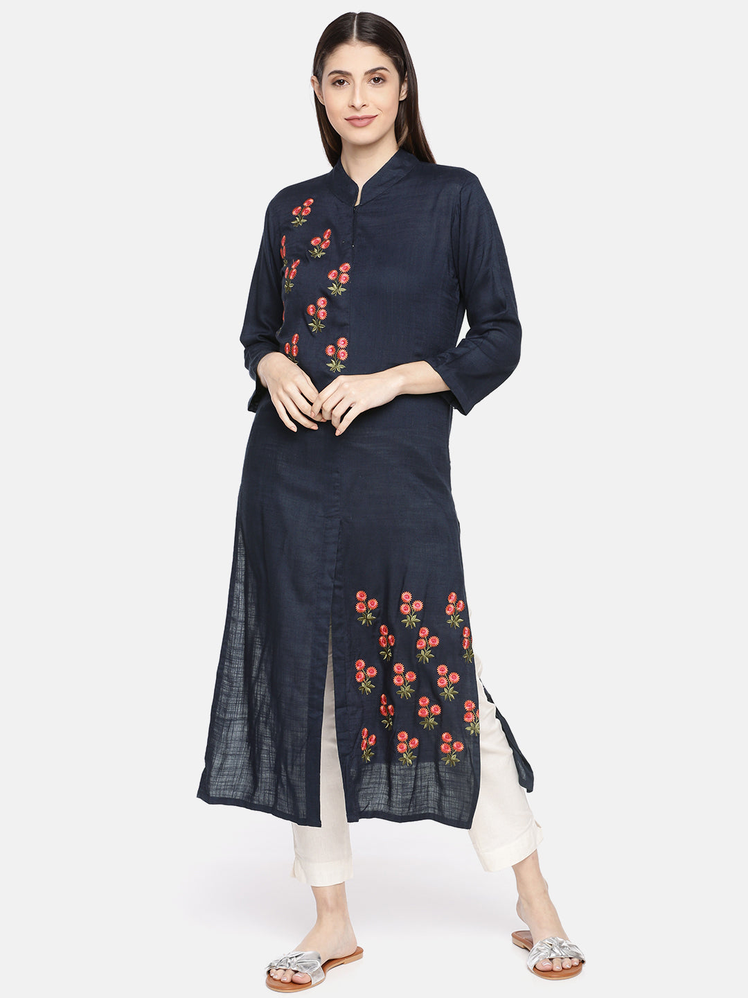 Neerus Women Navy Blue Embroidered A-Line Kurta
