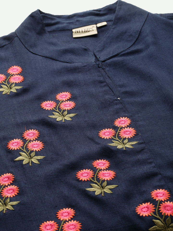 Neerus Women Navy Blue Embroidered A-Line Kurta