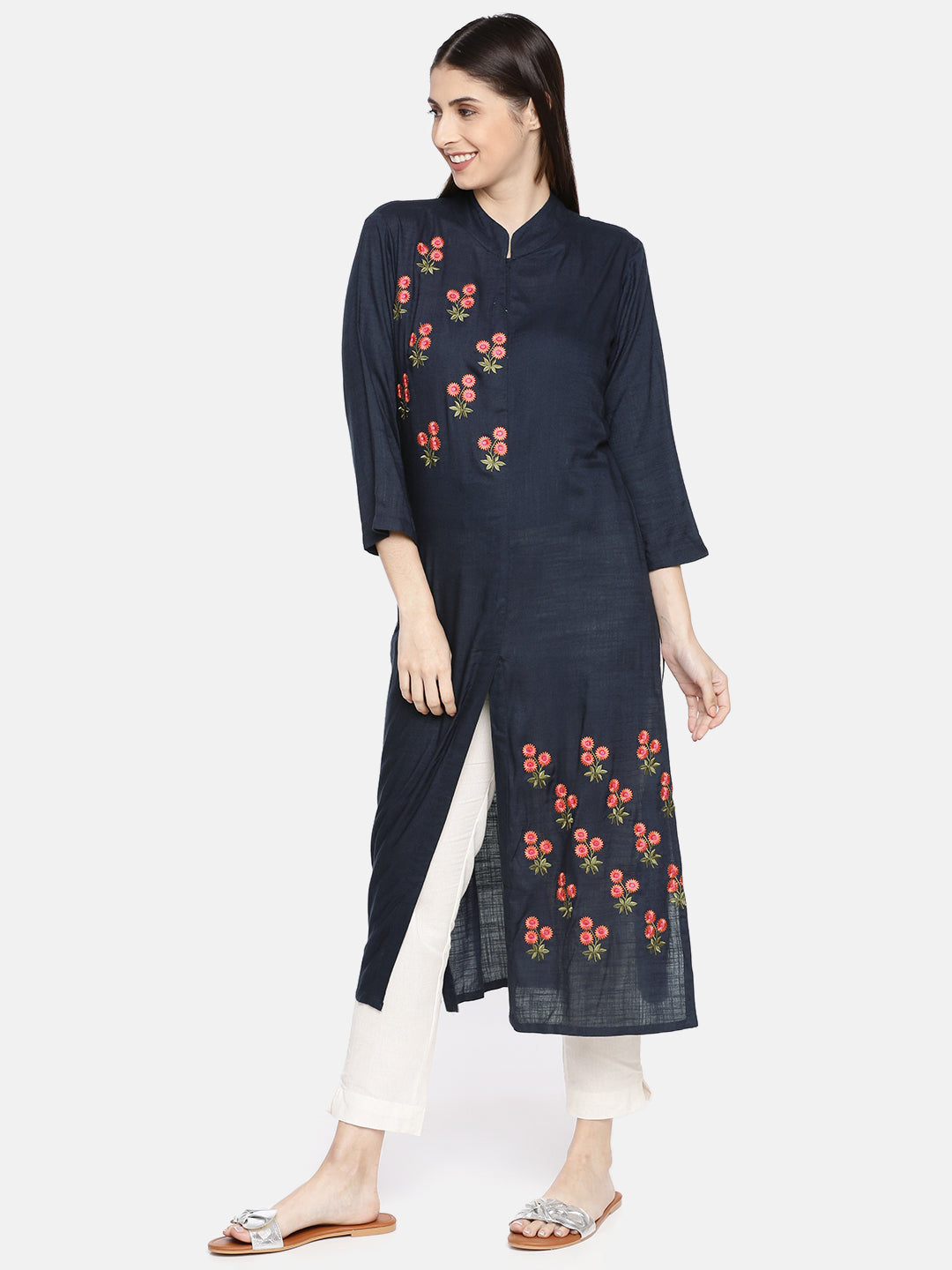 Neerus Women Navy Blue Embroidered A-Line Kurta