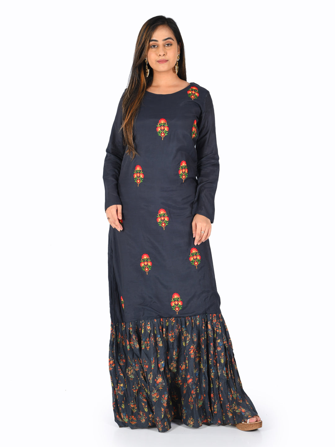Neerus Navy Embroidered Straight Kurta