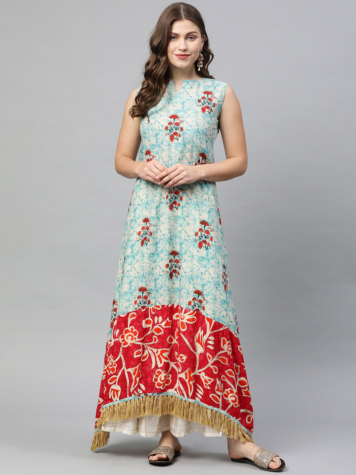 Neerus Blue & Red Printed Anarkali Kurta