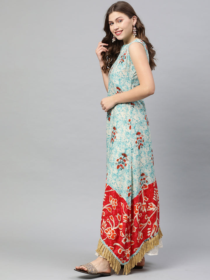 Neerus Blue & Red Printed Anarkali Kurta