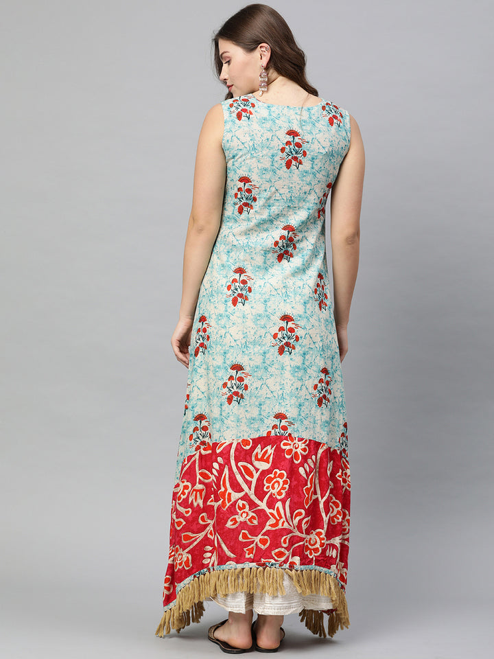 Neerus Blue & Red Printed Anarkali Kurta