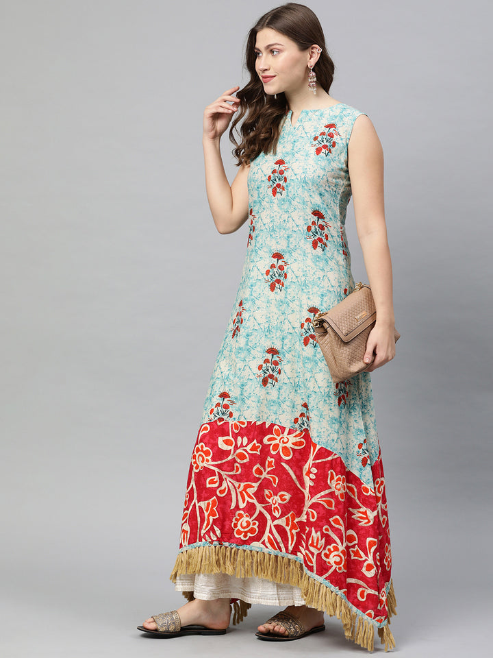 Neerus Blue & Red Printed Anarkali Kurta