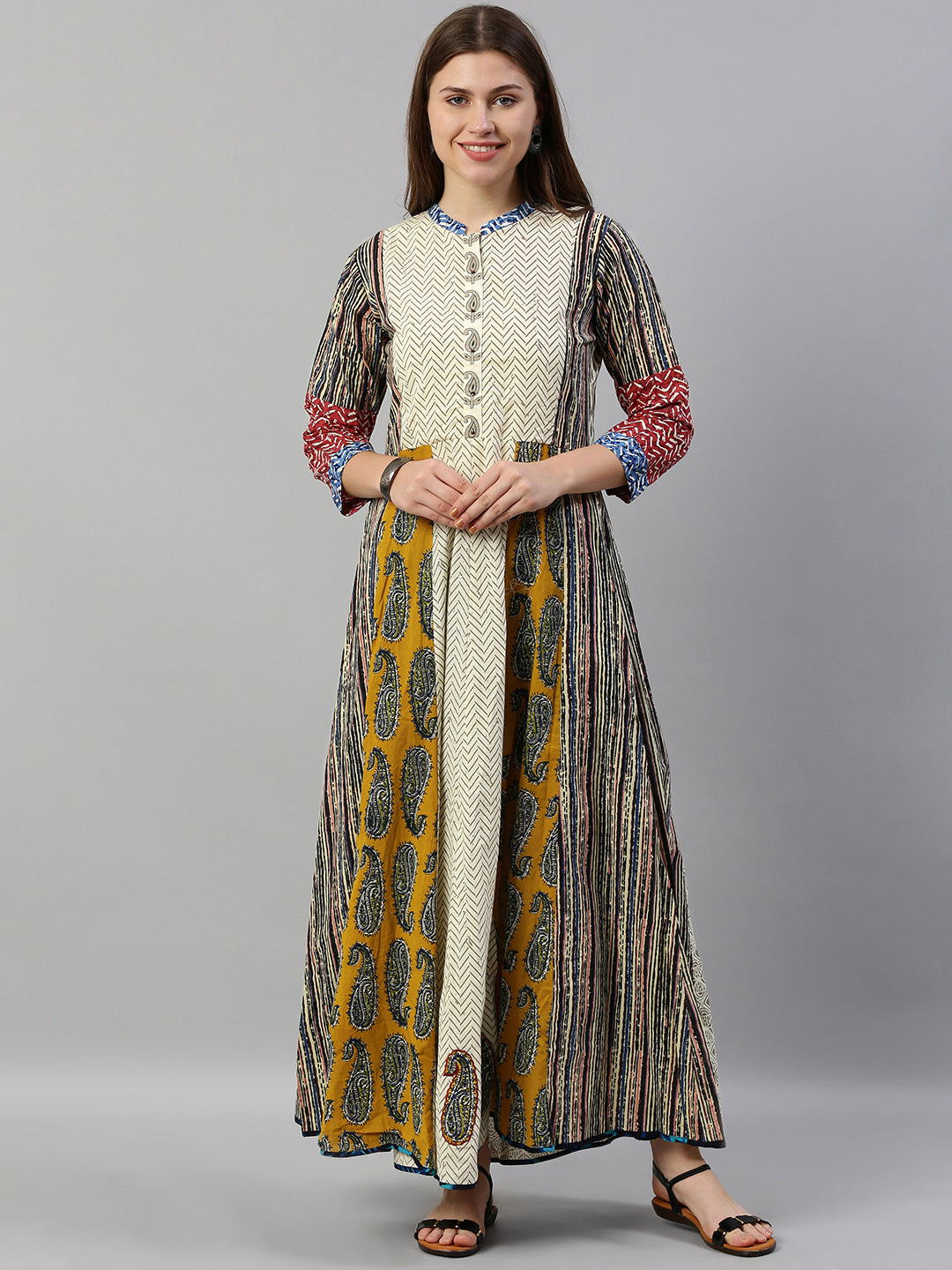 Neerus Beige cotton printed A-line kurta - detail view 4