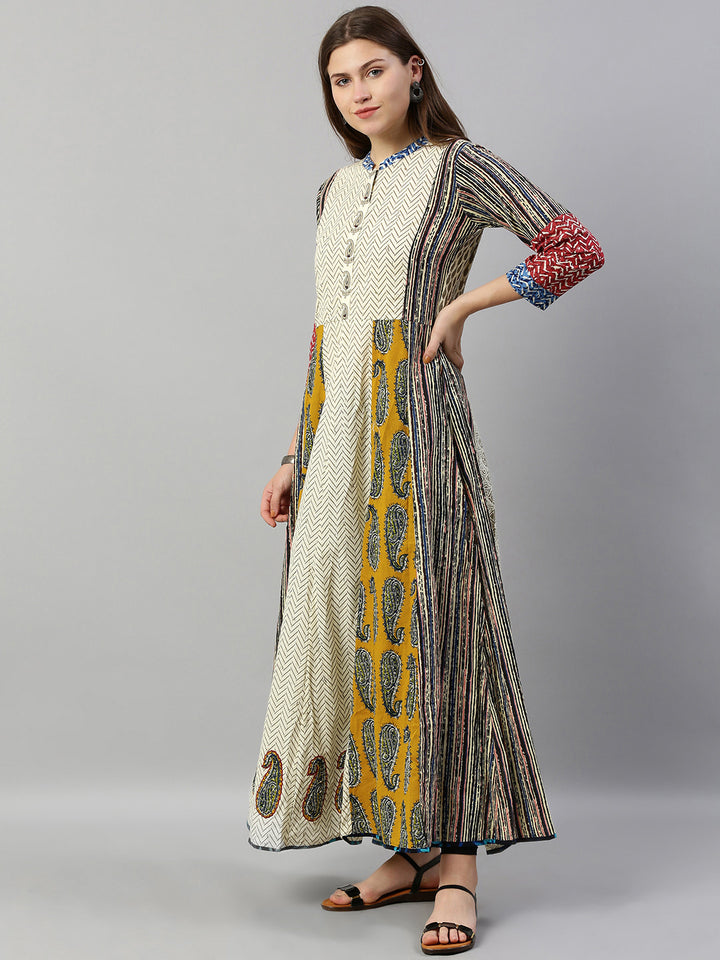 Neerus Beige cotton printed A-line kurta - side view