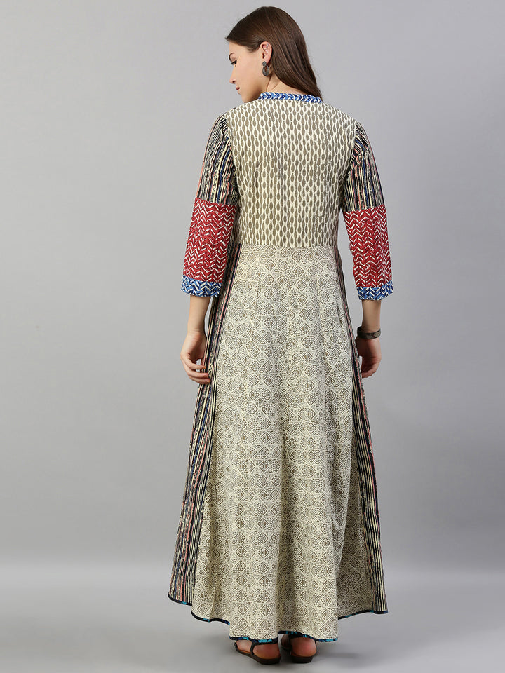 Neerus Beige cotton printed A-line kurta - detail view 1