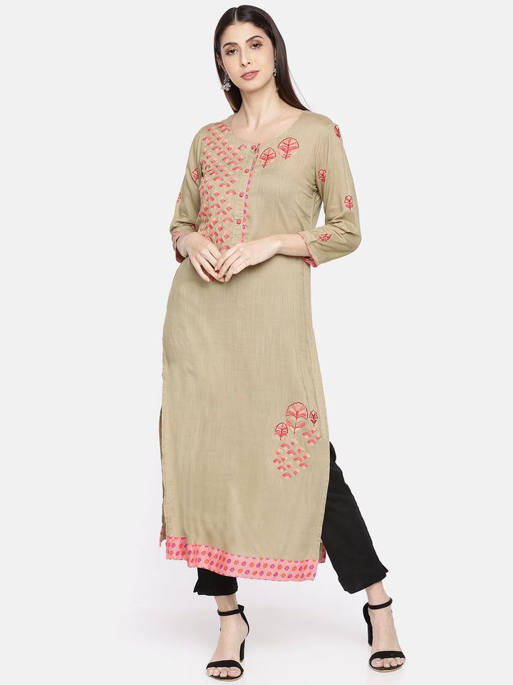 Neerus Beige Embroidered Straight Kurta