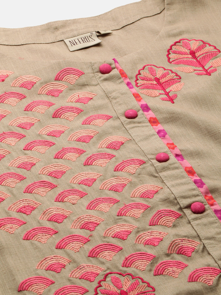 Neerus Beige Embroidered Straight Kurta