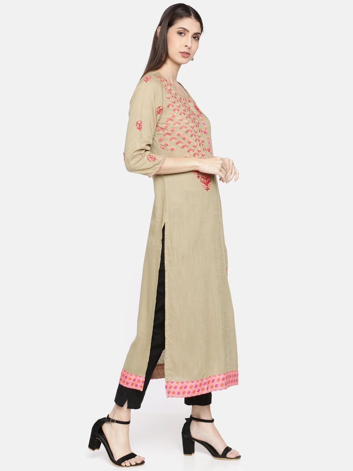 Neerus Beige Embroidered Straight Kurta