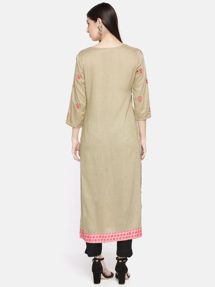 Neerus Beige Embroidered Straight Kurta