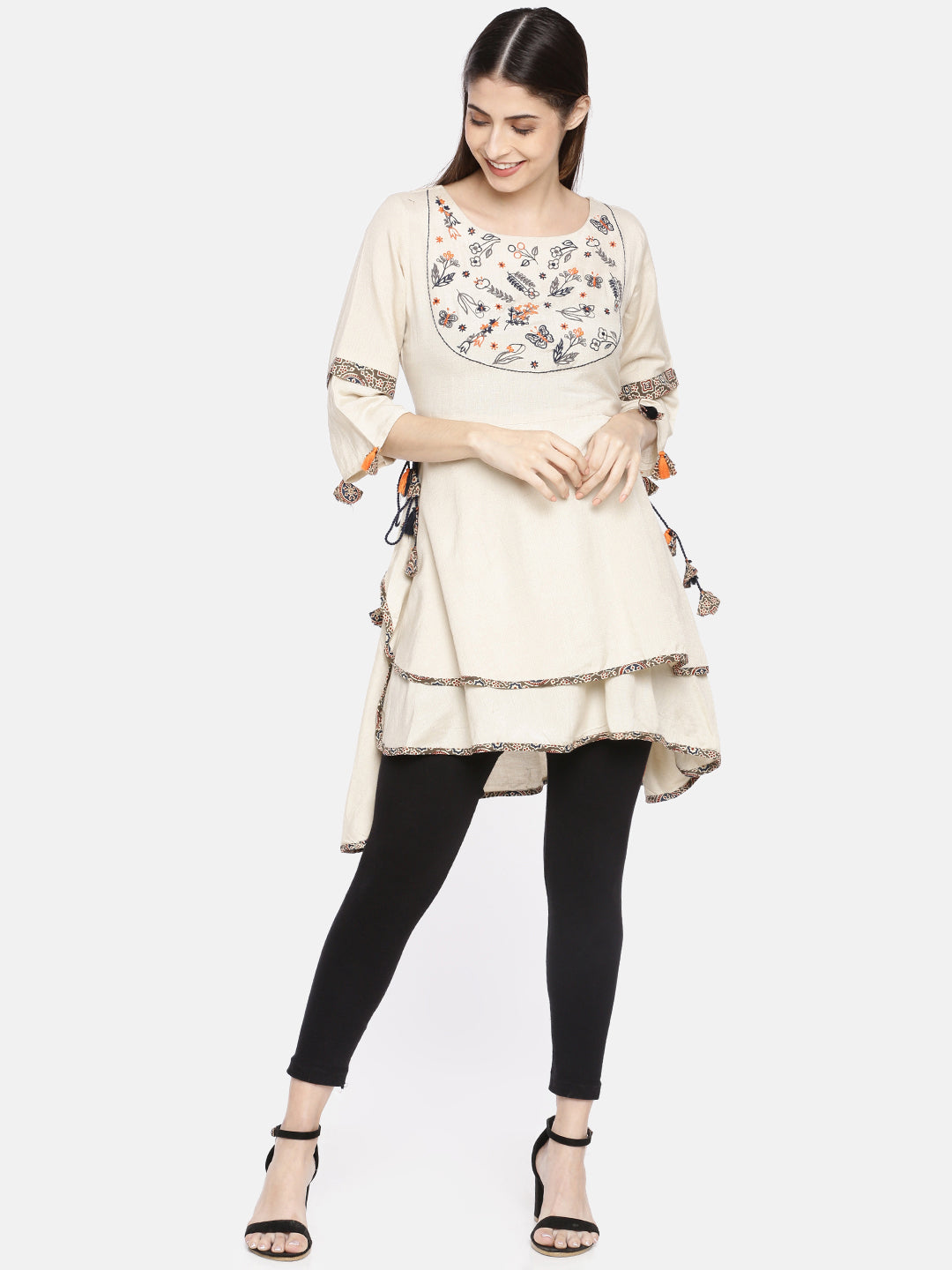 Neerus Women Off-White Embroidered Tunic
