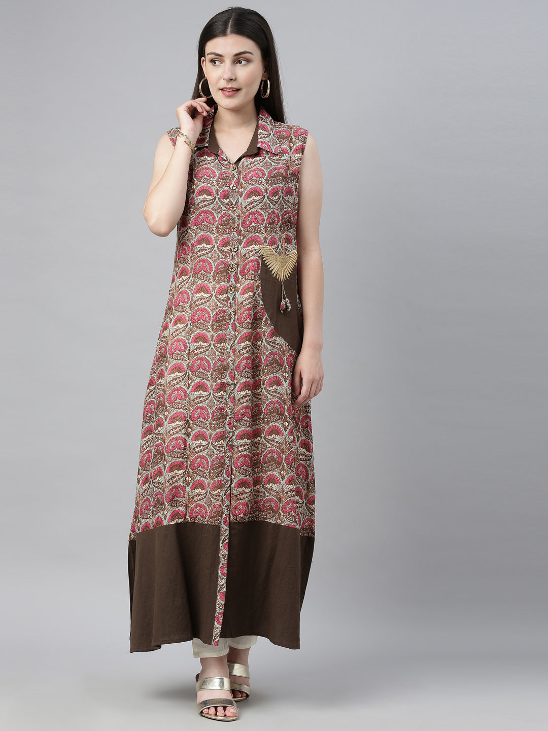 Neerus Brown printed A-line kurta - front view