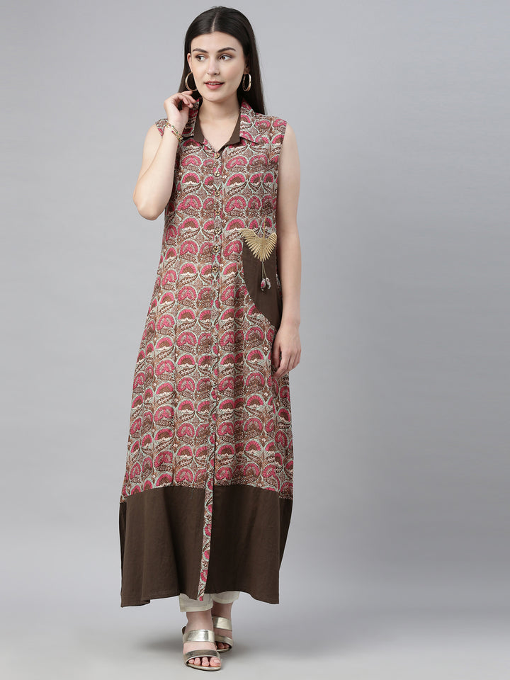 Neerus Brown printed A-line kurta - front view
