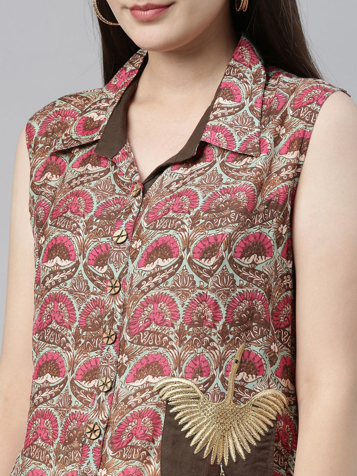 Neerus Brown printed A-line kurta - side view