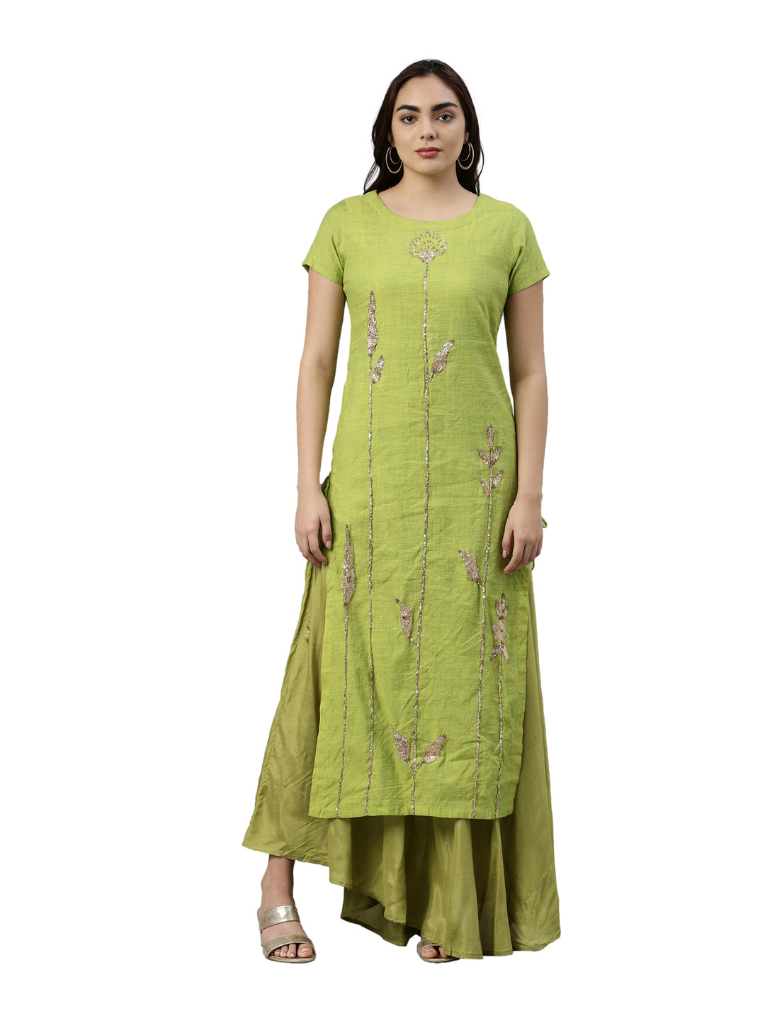 Neerus Green viscose rayon embroidered kurti - front view
