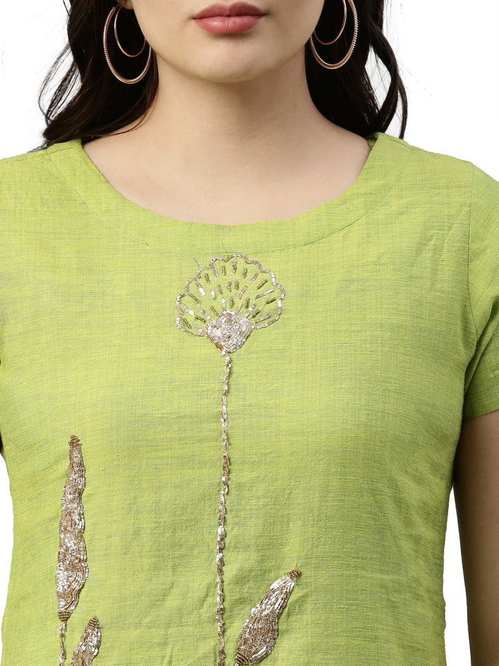 Neerus Green viscose rayon embroidered kurti - back view