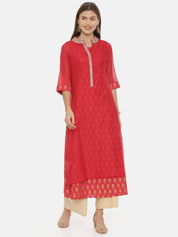 Neerus Women Red Gold-Toned Printed Straight Kurta