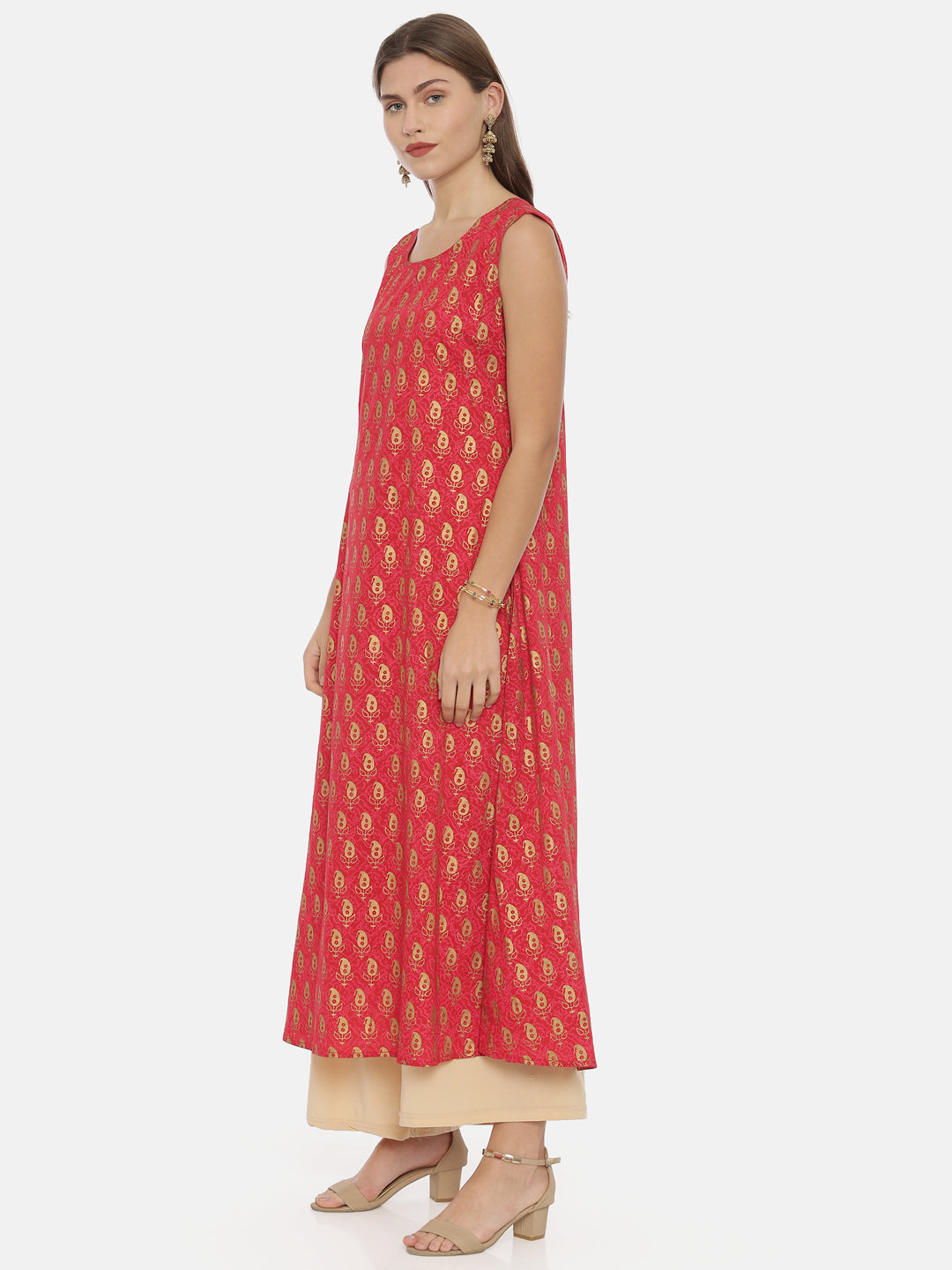 Neerus Women Red Gold-Toned Printed Straight Kurta