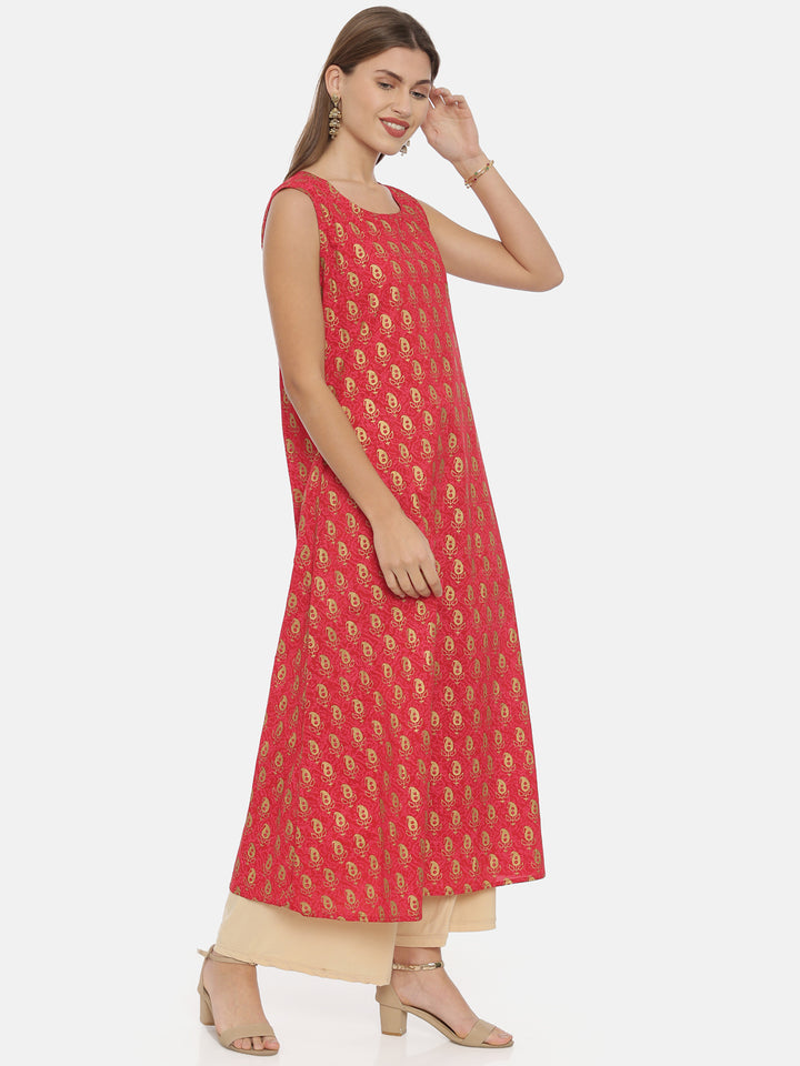 Neerus Women Red Gold-Toned Printed Straight Kurta