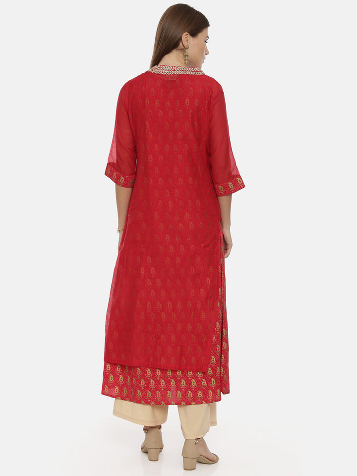 Neerus Women Red Gold-Toned Printed Straight Kurta
