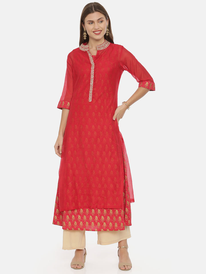 Neerus Women Red Gold-Toned Printed Straight Kurta