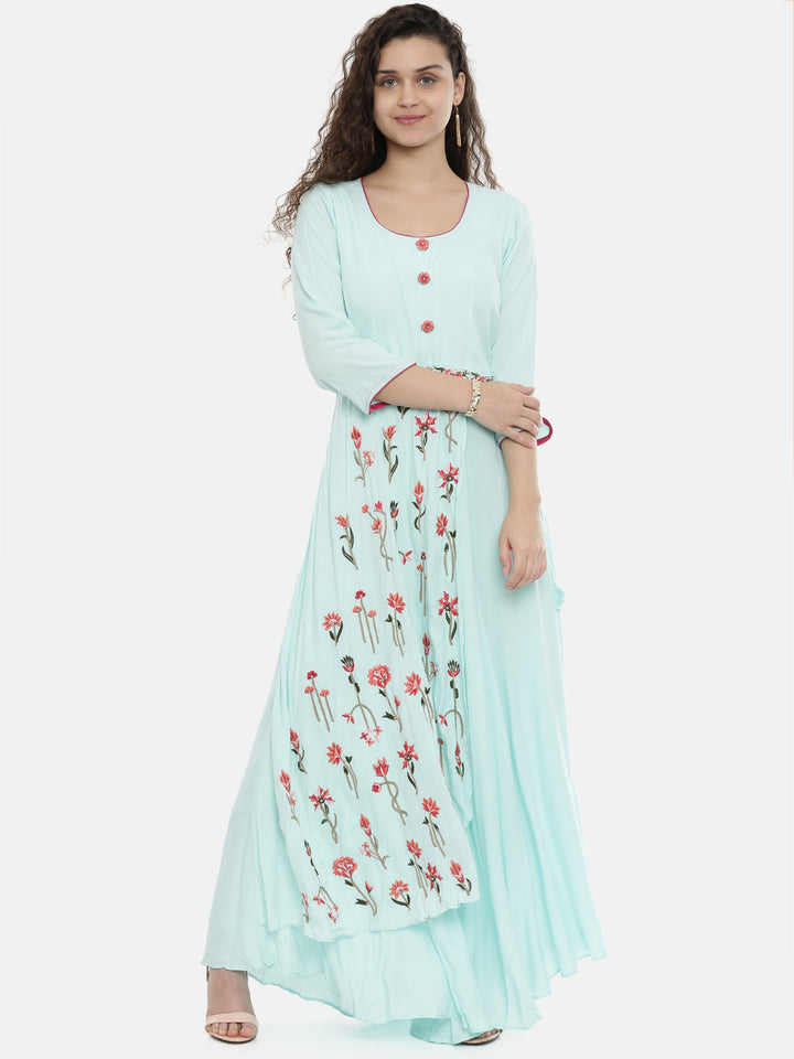 Neerus Women Sea Green Red Floral Embroidered A-Line Kurta With Tie-Up Detail