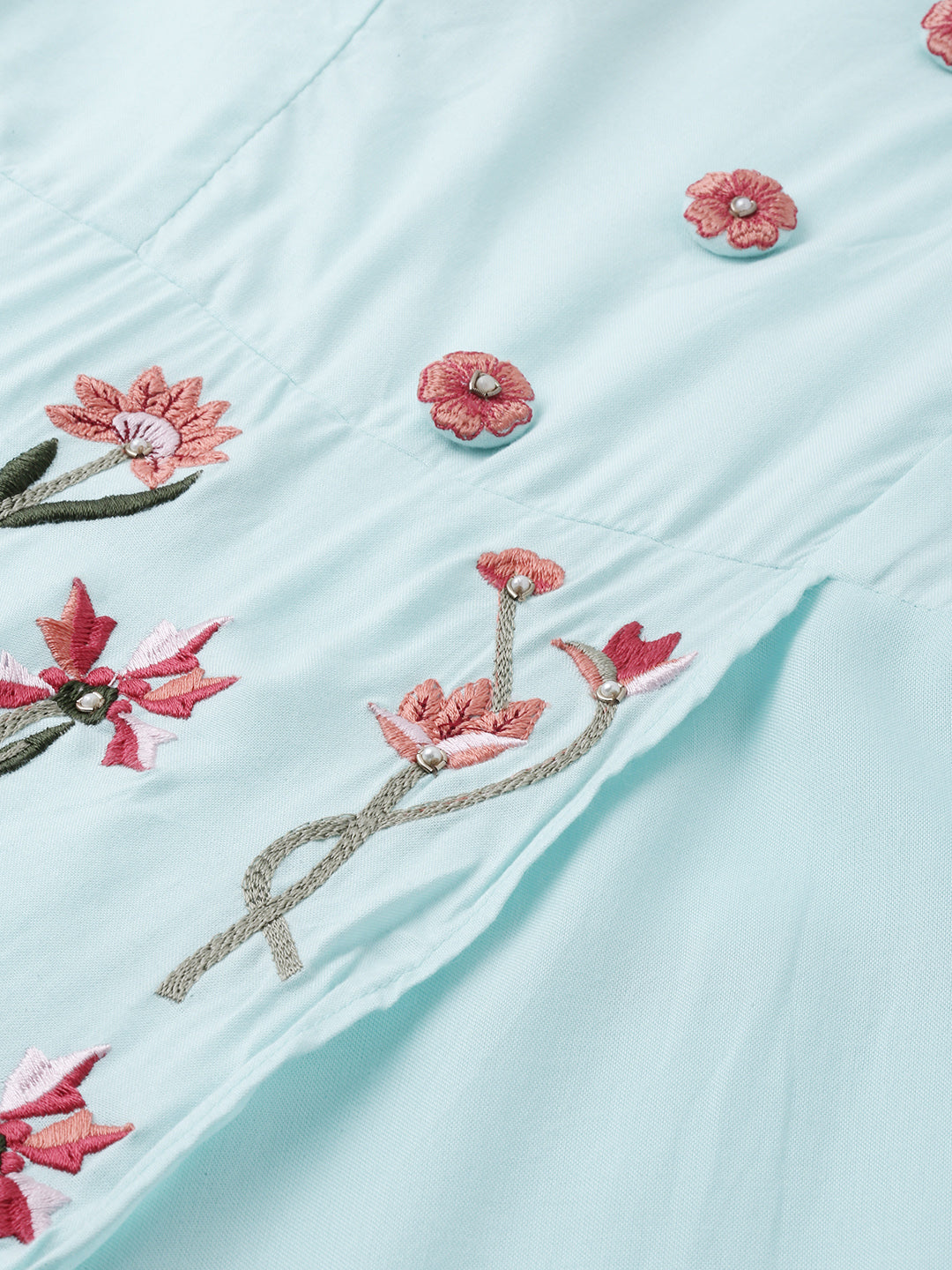 Neerus Women Sea Green Red Floral Embroidered A-Line Kurta With Tie-Up Detail