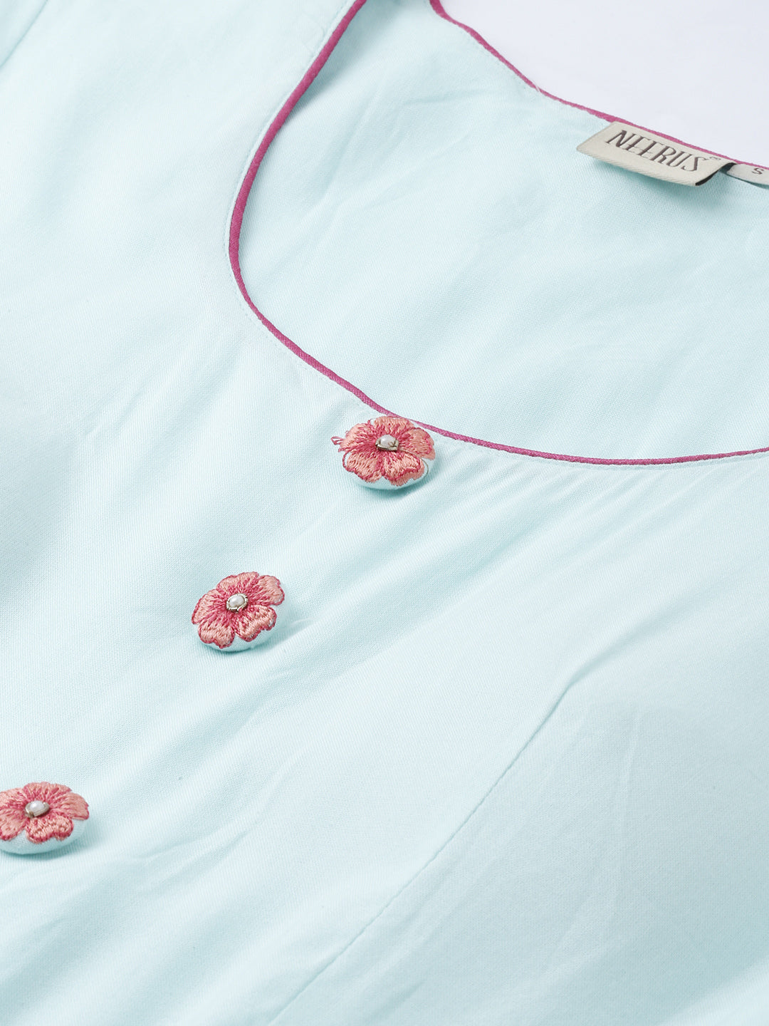 Neerus Women Sea Green Red Floral Embroidered A-Line Kurta With Tie-Up Detail