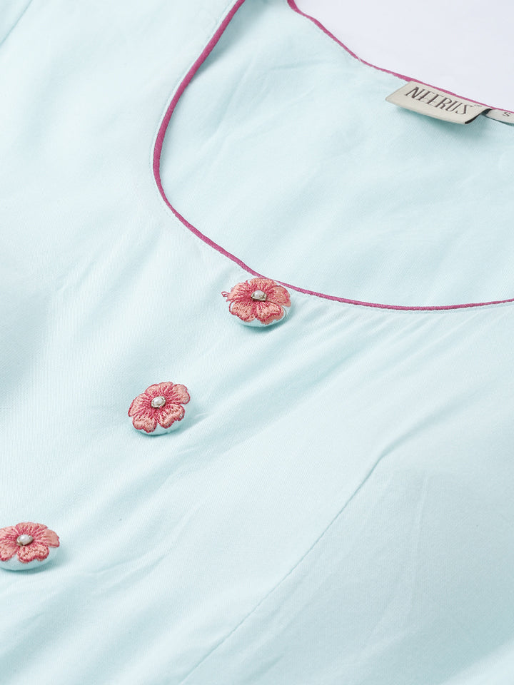 Neerus Women Sea Green Red Floral Embroidered A-Line Kurta With Tie-Up Detail