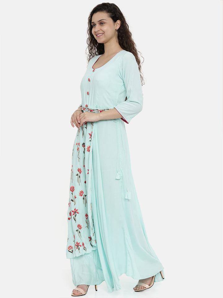 Neerus Women Sea Green Red Floral Embroidered A-Line Kurta With Tie-Up Detail