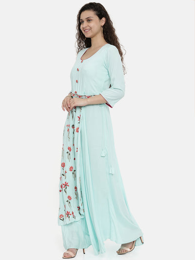Neerus Women Sea Green  Red Floral Embroidered A-Line Kurta With Tie-Up Detail