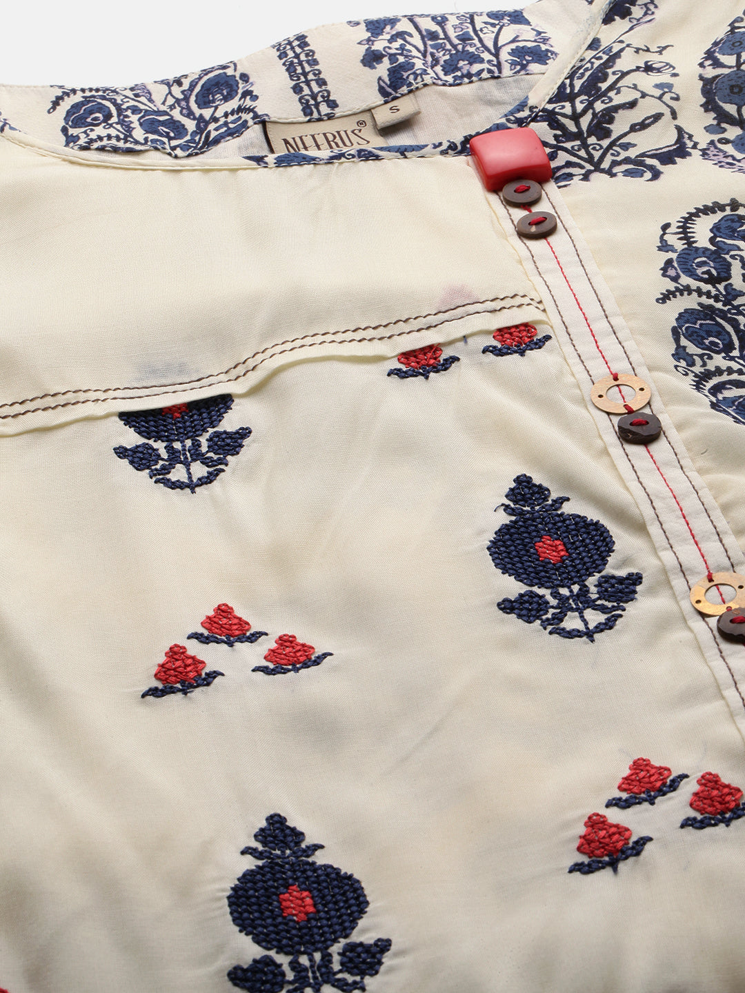 Neerus Women Cream-Coloured Navy Blue Printed Straight Kurta