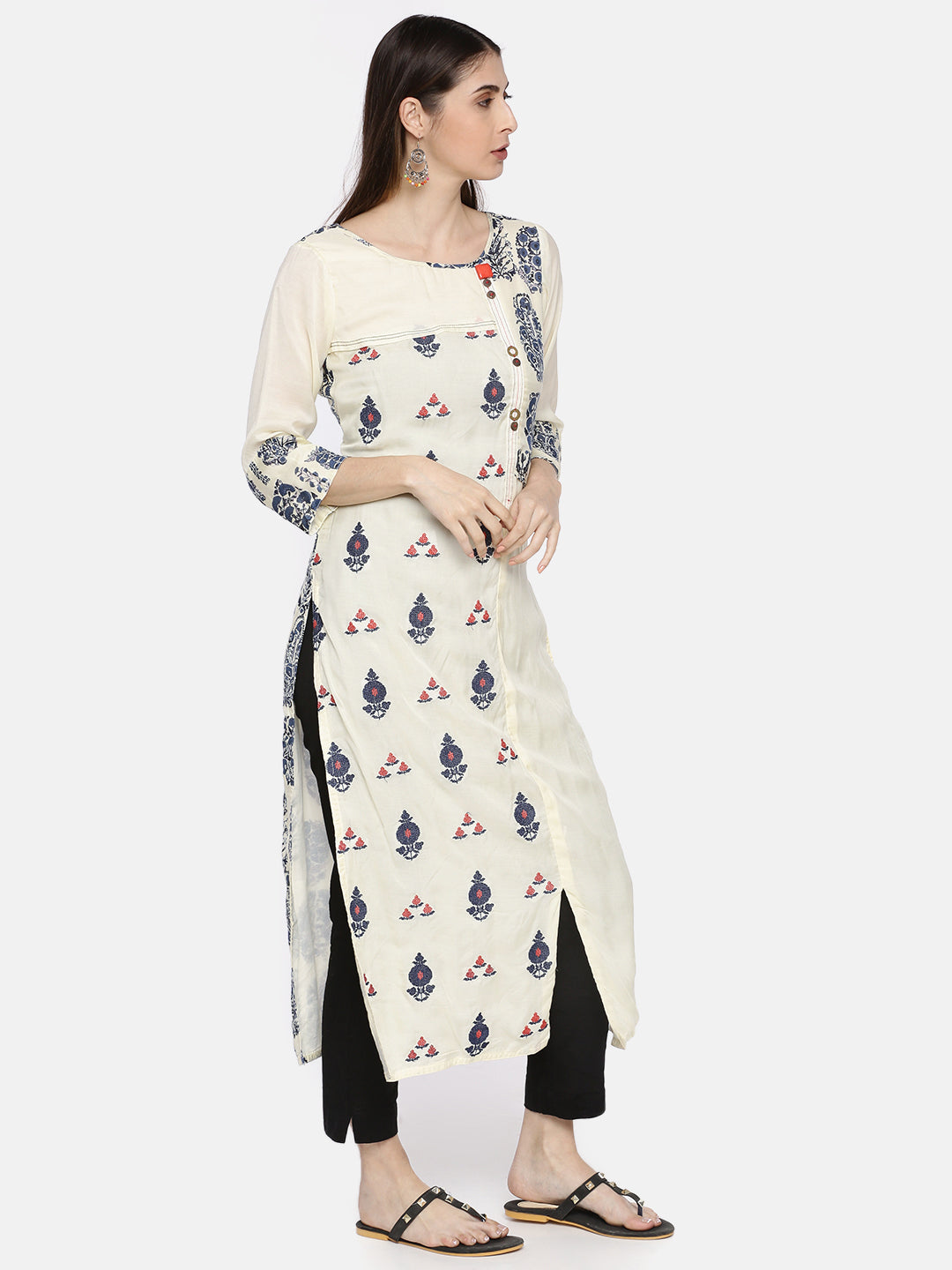 Neerus Women Cream-Coloured Navy Blue Printed Straight Kurta