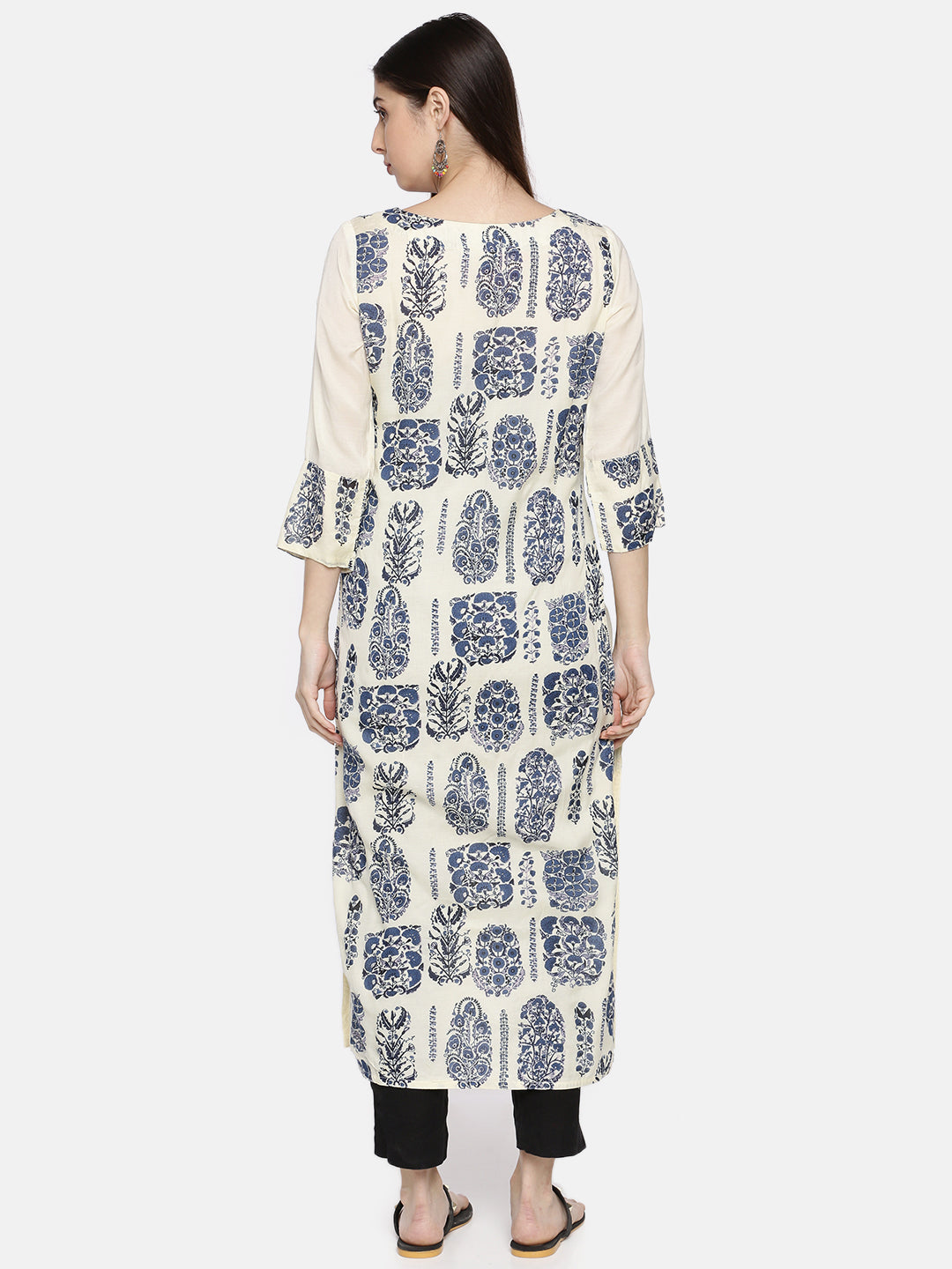 Neerus Women Cream-Coloured Navy Blue Printed Straight Kurta
