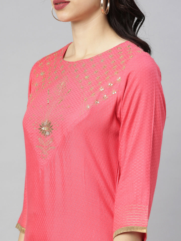 Neerus Red embellished high-low kurta - back view