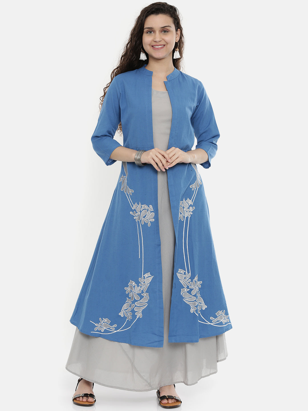 Neeru's Women Blue Grey Embroidered Layered A-Line Kurta