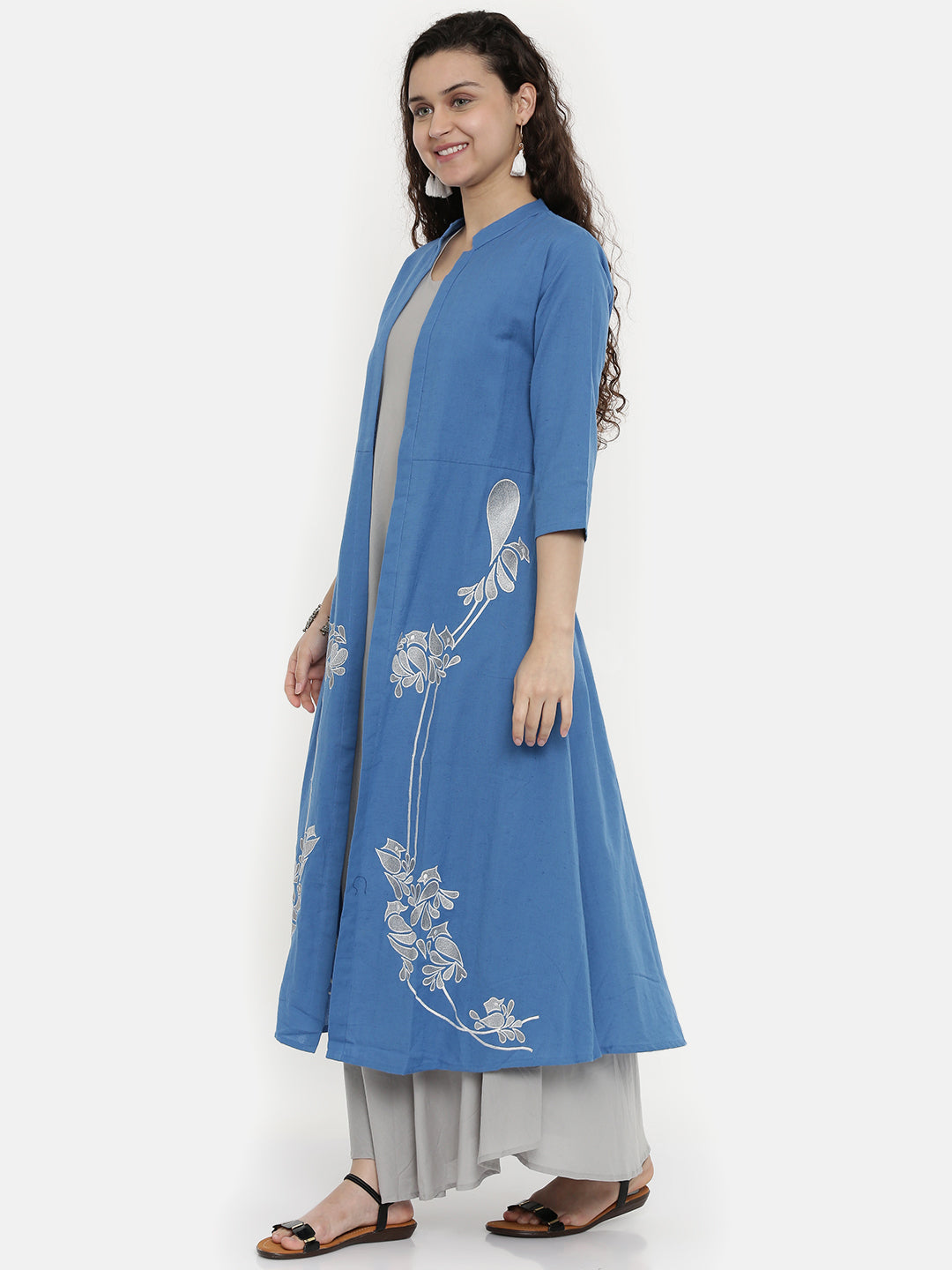 Neeru's Women Blue Grey Embroidered Layered A-Line Kurta