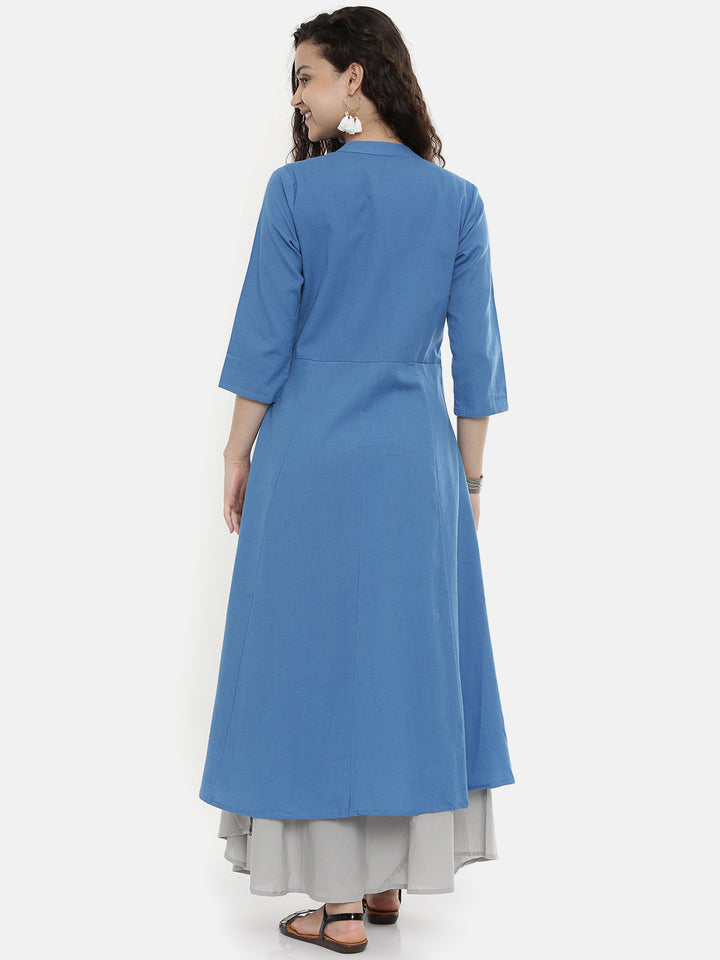 Neerus Women Blue Grey Embroidered Layered A-Line Kurta