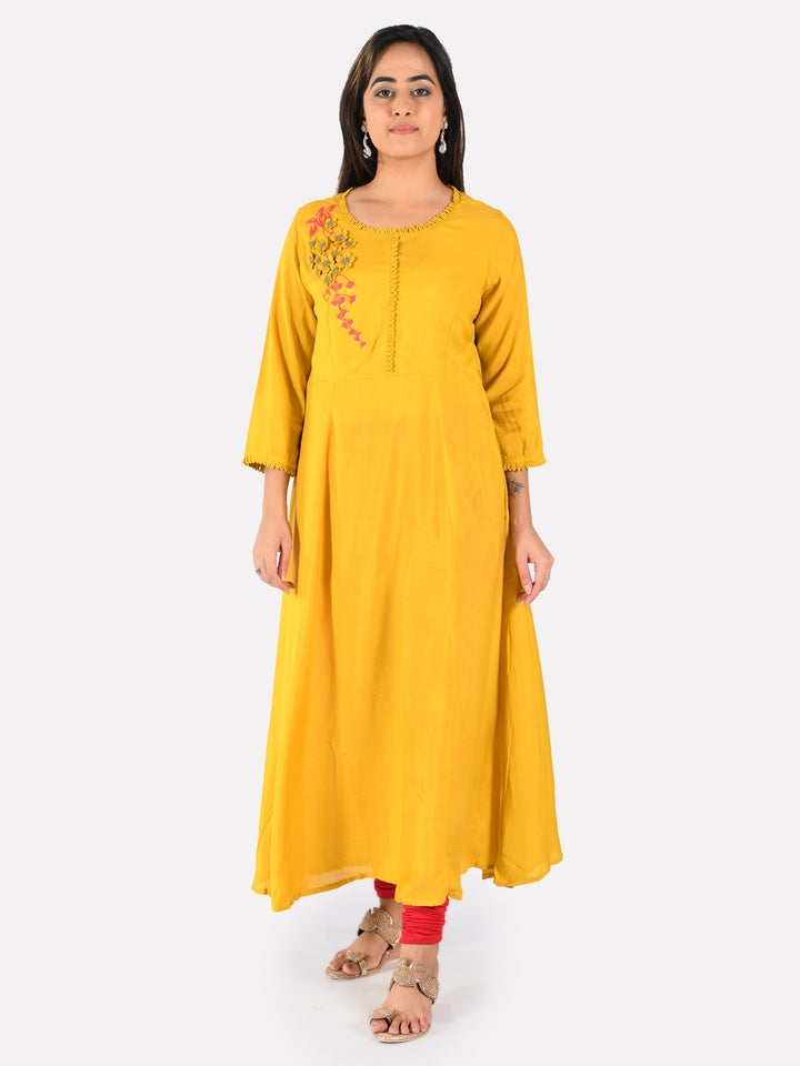 Neerus Yellow Embroidered Fit & Flare Kurta